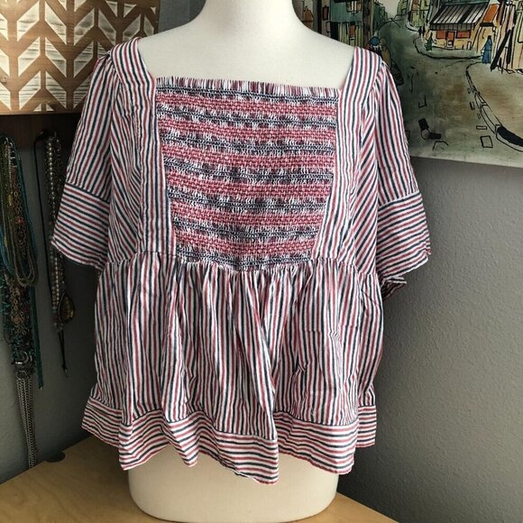 Old Navy Red Blue White Striped Smocked Babydoll Top Women's size 2X - Picture 5 of 9